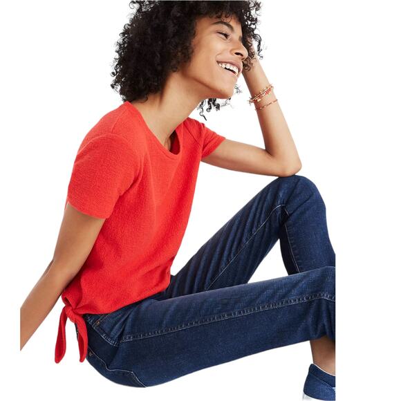 Madewell Womens Small Texture & Thread Modern Side-Tie Top Red - Picture 2 of 9
